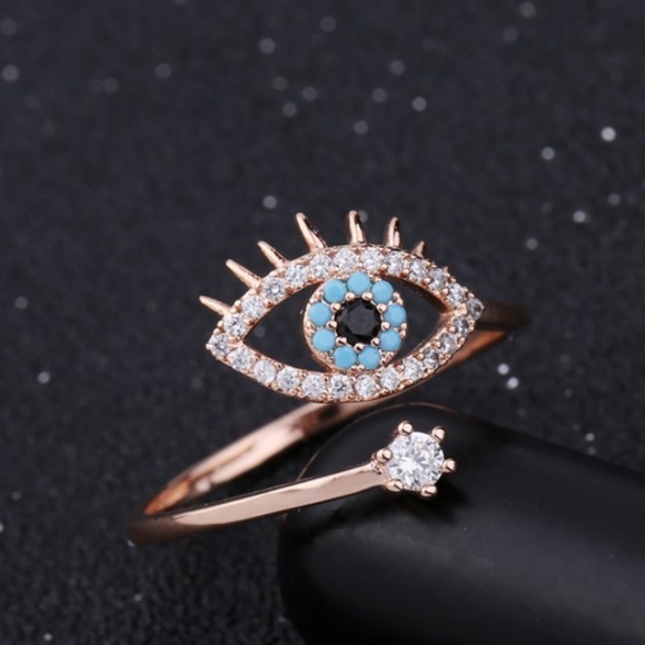 NEW ROSE GOLD BLUE EVIL EYE RESIZEABLE RING - Picture 2 of 6